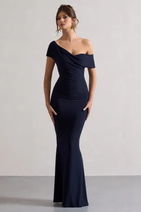 Avila | Robe longue asymétrique bleu marine à encolure bardot